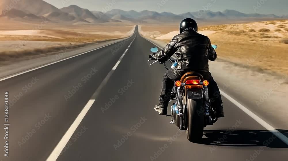 Open Road Adventure: A lone motorcyclist rides along a seemingly endless desert highway, embodying freedom, adventure, and the thrill of the open road. Open Road Adventure: A lone motorcyclist rides along a seemingly endless desert highway, embodying freedom, adventure, and the thrill of the open road.