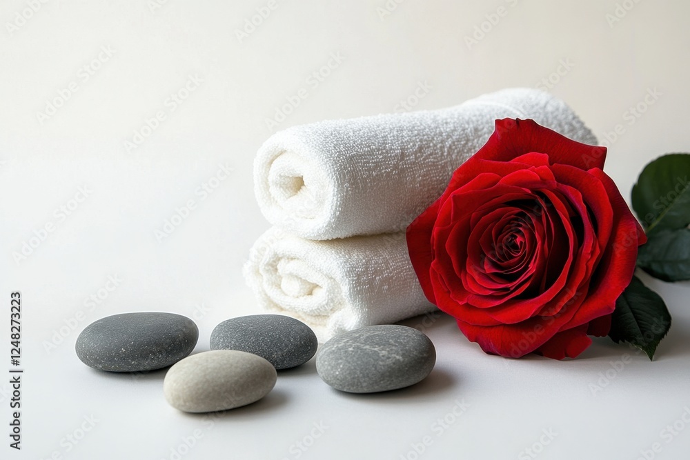 Background decor with folded spa towels and basalt stones for stone therapy and massage with red roses. Concept for spa salon, romantic spa for two, Valentine's Day February 14 Background decor with folded spa towels and basalt stones for stone therapy and massage with red roses. Concept for spa salon, romantic spa for two, Valentine's Day February 14