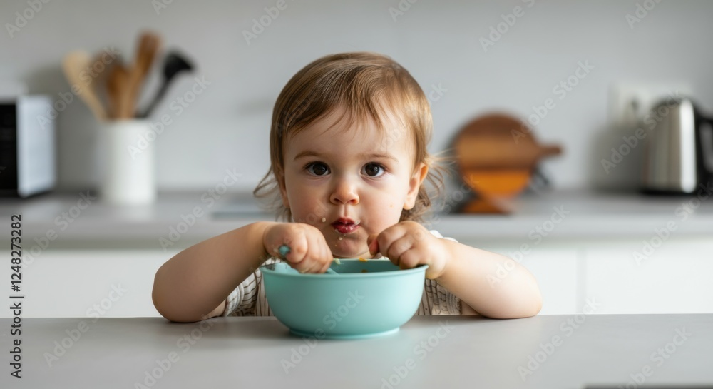 Caucasian toddler eating breakfast at kitchen table with blue bowl