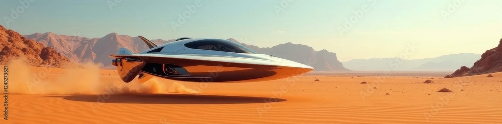 Sleek, metallic craft hovering over desert landscape, atmosphere, surface, science fiction Sleek, metallic craft hovering over desert landscape, atmosphere, surface, science fiction