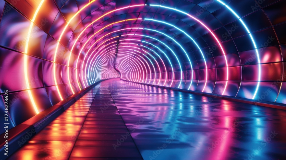 3D render of a futuristic tunnel with vibrant neon lights, creating a mesmerizing pathway of colors 3D render of a futuristic tunnel with vibrant neon lights, creating a mesmerizing pathway of colors