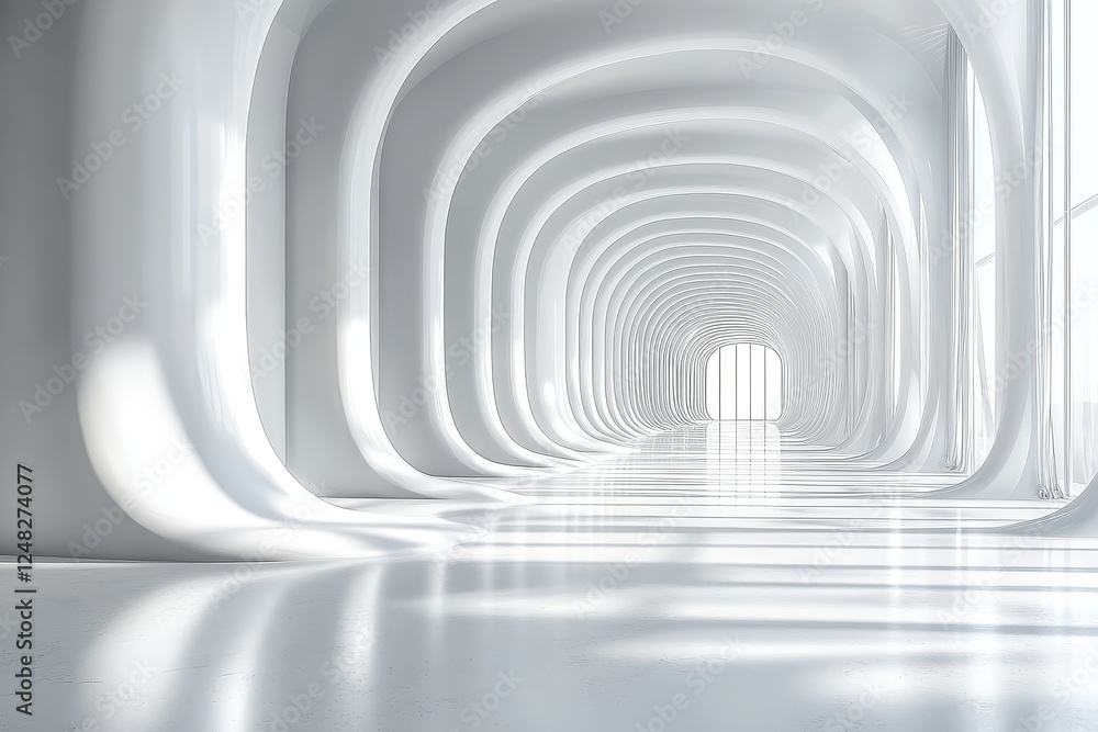 3D render of a white, empty room with abstract vertical lines, light, and shadows, minimalist architecture concept. 3D render of a white, empty room with abstract vertical lines, light, and shadows, minimalist architecture concept.