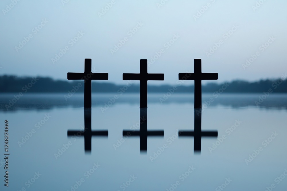 Easter Concepts. Three crosses reflected on calm water at dawn. Easter Concepts. Three crosses reflected on calm water at dawn.