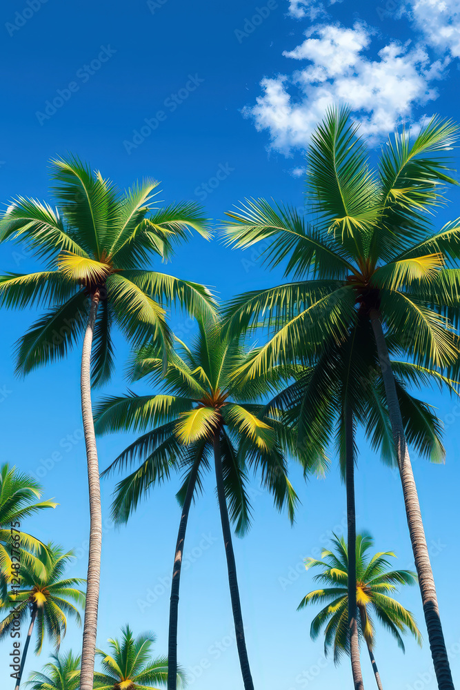 Vibrant Tropical Palm Trees Under a Bright Blue Sky with Sunlit Leaves Creating a Refreshing and Serene Vacation Paradise in a Digital Photorealistic Style Vibrant Tropical Palm Trees Under a Bright Blue Sky with Sunlit Leaves Creating a Refreshing and Serene Vacation Paradise in a Digital Photorealistic Style