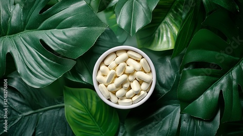 Omega-3 capsules are placed in a white bottle on a table, with a green leaves background. Fish oil tablets, including omega-6, omega-9, vitamins A, E, D, and D3, viewed from above photo