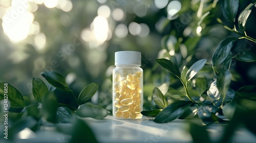 Omega-3 capsules are placed in a white bottle on a table, with a green leaves background. Fish oil tablets, including omega-6, omega-9, vitamins A, E, D, and D3, viewed from above photo