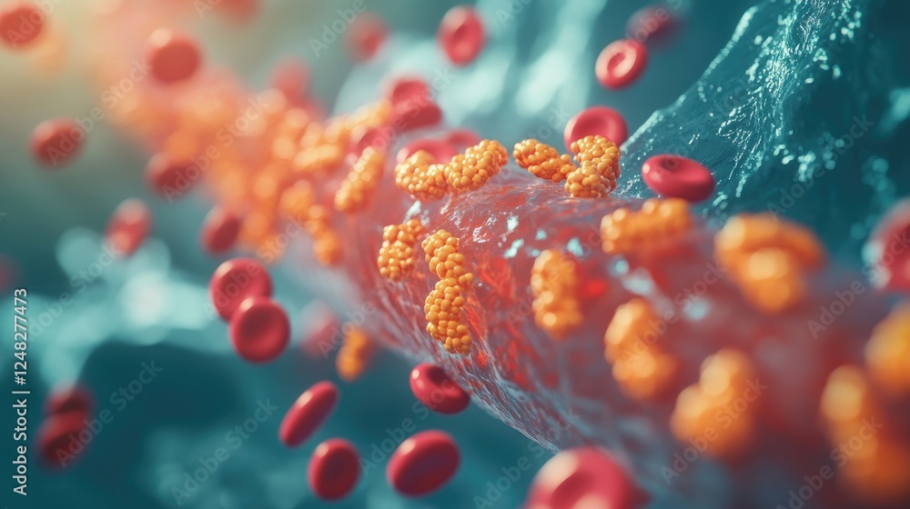 Close-up of Blood Vessel with Particles and Red Blood Cells Flowing Close-up of Blood Vessel with Particles and Red Blood Cells Flowing