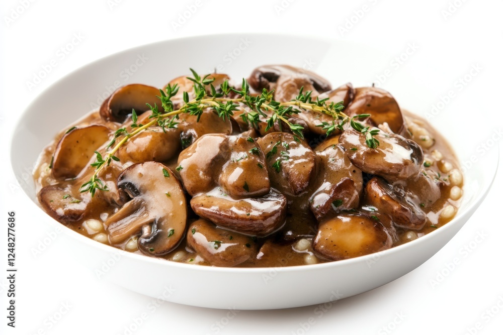 Mushroom stroganoff served in a white bowl with garnish
