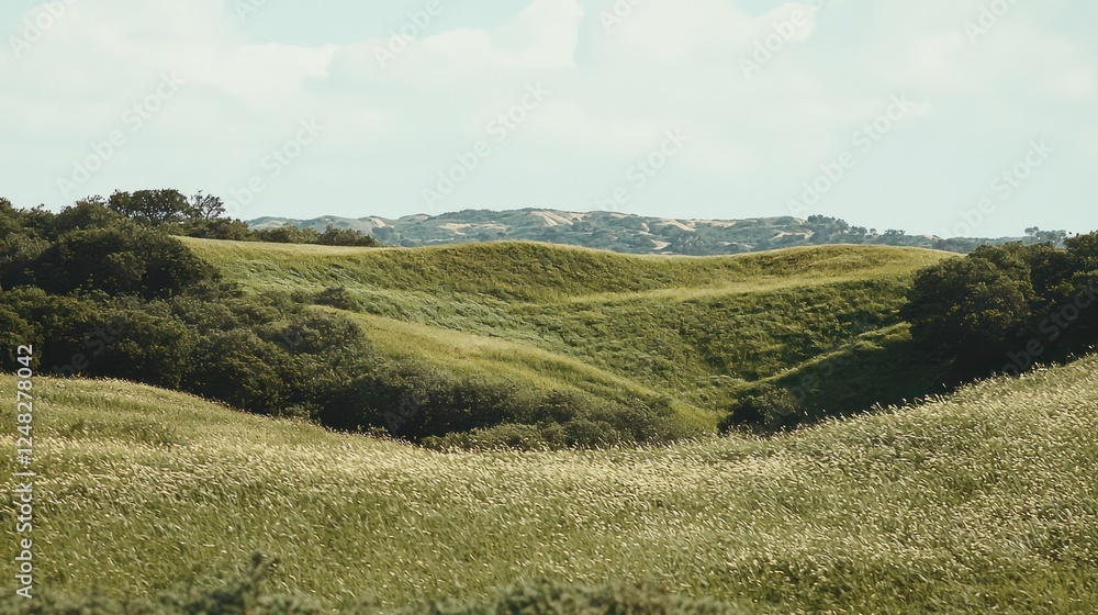 Obraz premium Rolling hills, green landscape, serene scenery, nature background, ideal for peaceful imagery