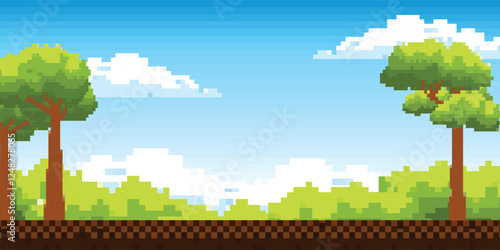 Flat cartoon of pixel art illustration of landscape Green garden background. Pixel arcade display for game design. 8-bit retro-style game design