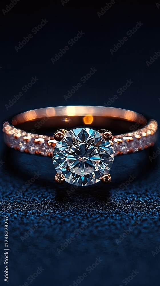 Close-up of an elegant diamond engagement ring with a sparkling centerpiece on a dark background Close-up of an elegant diamond engagement ring with a sparkling centerpiece on a dark background