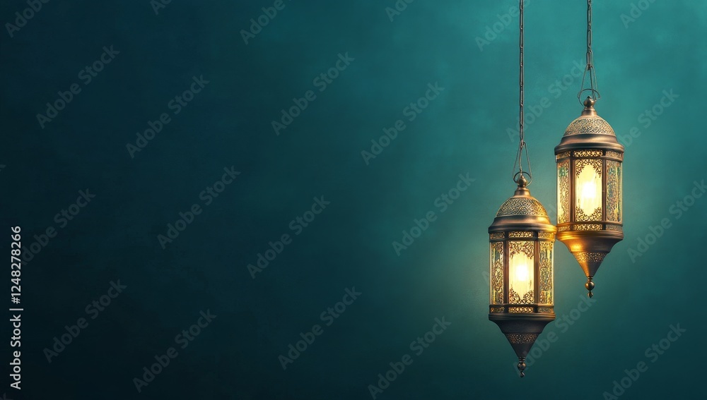 Two ornate hanging lanterns glow softly against a teal background. Two ornate hanging lanterns glow softly against a teal background.