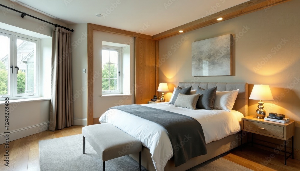 Open-plan bedroom with walk-in wardrobe and bathroom, home, interior Open-plan bedroom with walk-in wardrobe and bathroom, home, interior