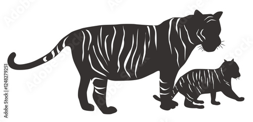 トラの親子のモノクロイラスト