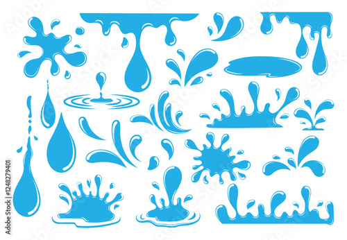 set collection of Water droplets and splashes elements. liquid flow, falling water droplets, flowing and splashing water movement.cartoon clip art illustration