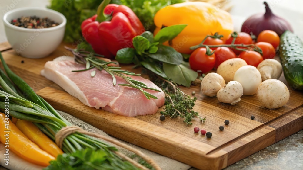 Close up Shot of Gourmet Meal Kit Ingredients on Wooden Cutting Board Close up Shot of Gourmet Meal Kit Ingredients on Wooden Cutting Board
