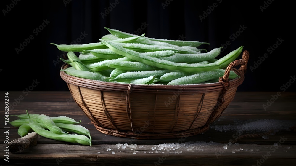 Frozen green beans covered in delicate frost crystals resting on a simple wooden plate in a minimalist natural themed food photography setup Frozen green beans covered in delicate frost crystals resting on a simple wooden plate in a minimalist natural themed food photography setup