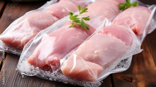 Closeup of neatly packaged frozen chicken pieces sealed in transparent plastic wrap displayed for retail sale in a grocery store or supermarket setting