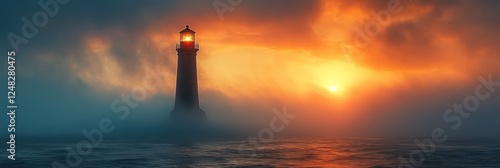Lighthouse Sunset: A Beacon of Hope in Misty Seas