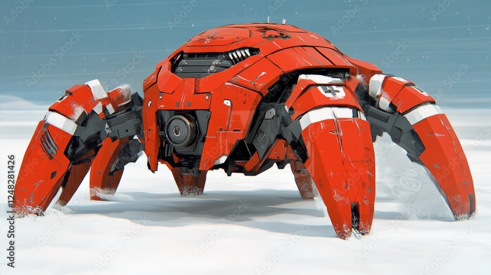 Futuristic red robot crawler vehicle navigates a snow-covered landscape evoking a sense of advanced technology and rugged exploration Futuristic red robot crawler vehicle navigates a snow-covered landscape evoking a sense of advanced technology and rugged exploration