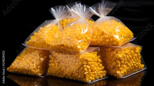 Frozen corn kernels neatly packed in a transparent plastic bag ready for grocery shopping cooking and meal This image showcases the fresh organic photo