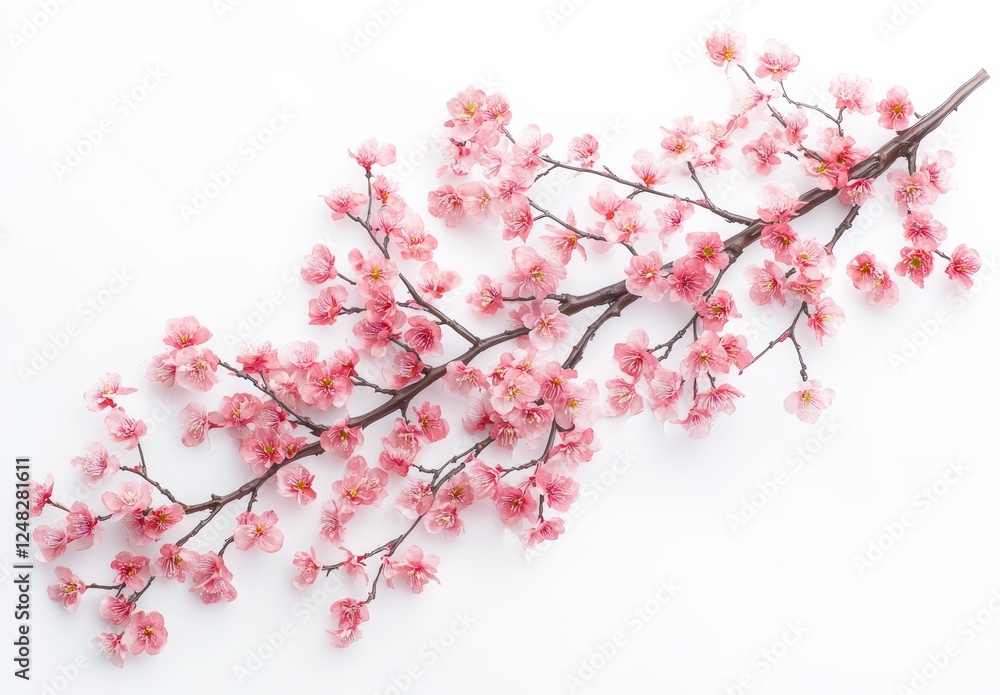 Pink Cherry Blossoms Branch, Flat Lay, White Background, Spring Pink Cherry Blossoms Branch, Flat Lay, White Background, Spring