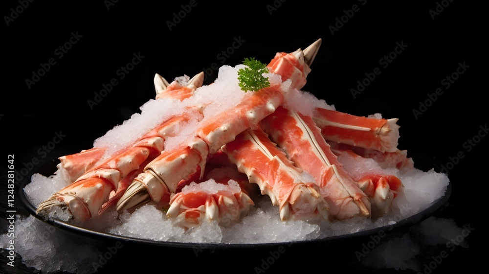Frozen crab legs with delicate ice crystals resting on a sleek black plate creating a minimalist and moody still life composition Frozen crab legs with delicate ice crystals resting on a sleek black plate creating a minimalist and moody still life composition
