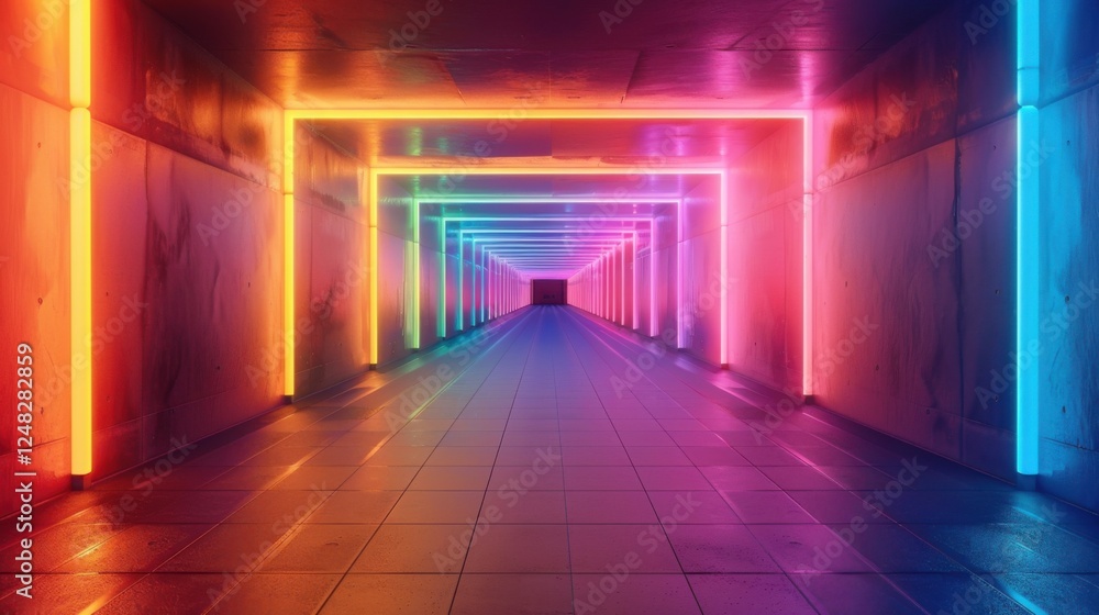 3D render of a futuristic tunnel with vibrant neon lights, creating a mesmerizing pathway of colors 3D render of a futuristic tunnel with vibrant neon lights, creating a mesmerizing pathway of colors