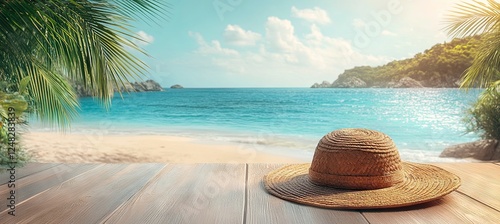Fototapeta Naklejka Na Ścianę i Meble -  sunhat on the table on the tropical beach background