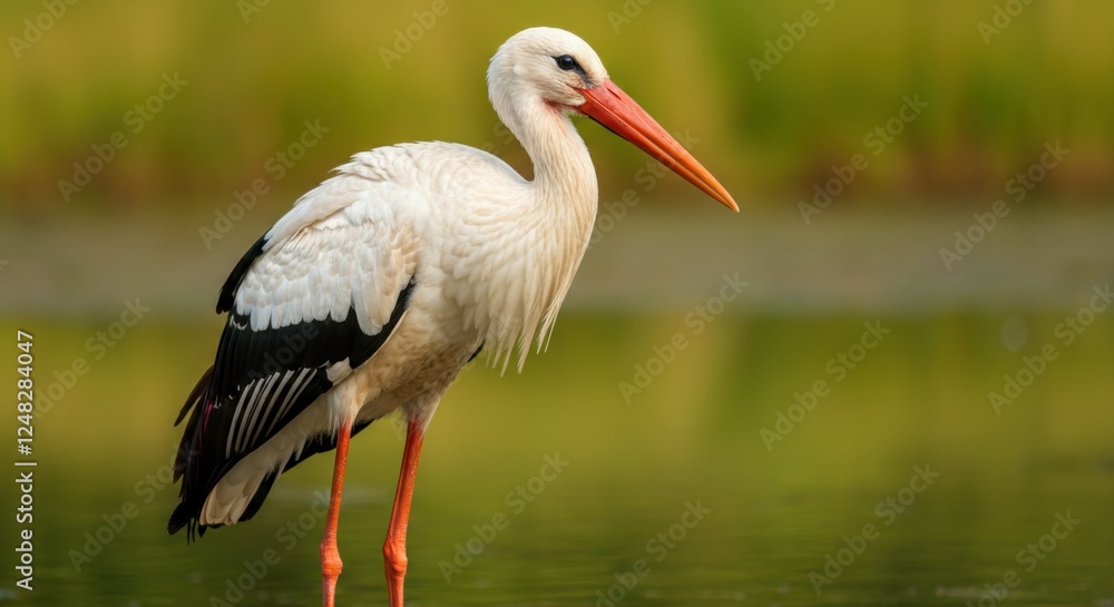 Majestic white stork standing in vibrant wetland environment Majestic white stork standing in vibrant wetland environment