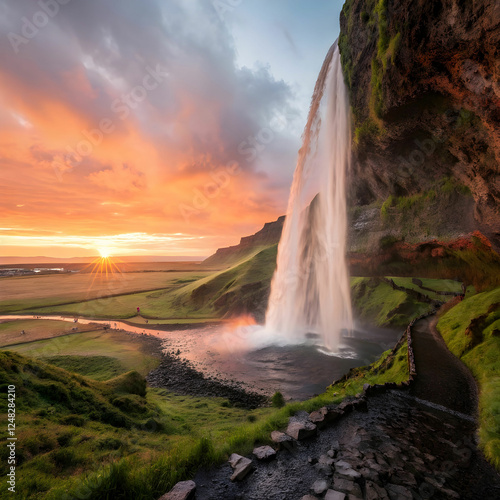 Seljalandsfoss Waterfall at Sunset