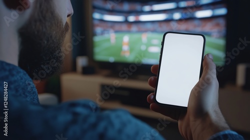 A man is seated indoors, intently watching a football game on a large television screen while holding a mobile phone that displays a blank white screen.