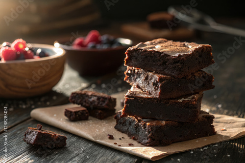 Decadent fudge brownies stacked with rich chocolate delight and berries