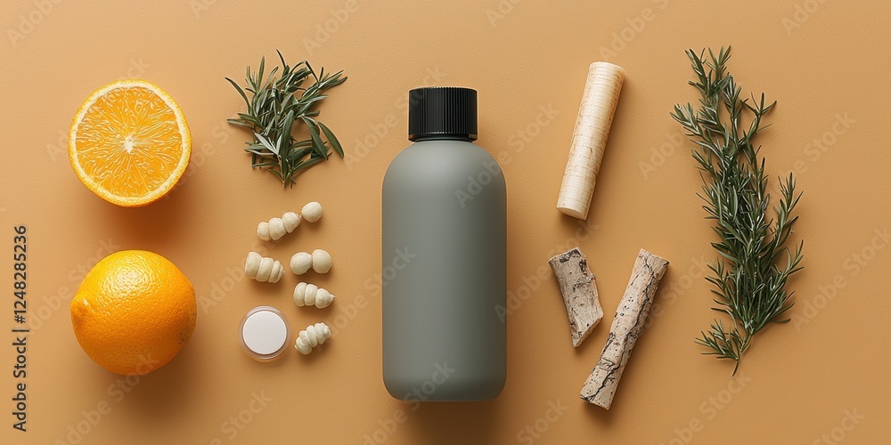 Showcasing a chemical exfoliant bottle in a minimalist flat lay for skincare appeal Showcasing a chemical exfoliant bottle in a minimalist flat lay for skincare appeal
