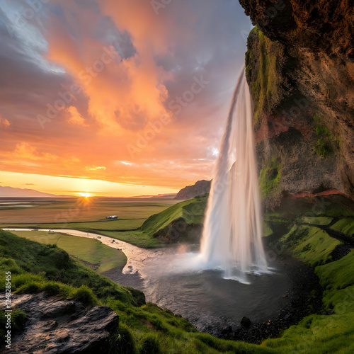 Seljalandsfoss Waterfall at Sunset