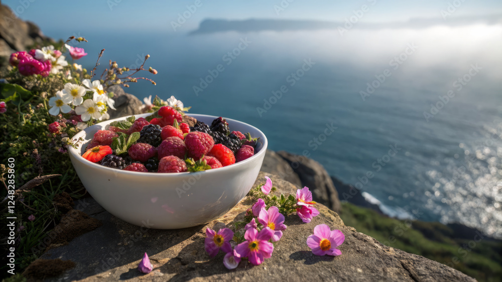 Fresh berries in bowl with flowers by cliffside overlooking ocean Fresh berries in bowl with flowers by cliffside overlooking ocean