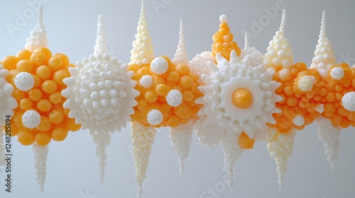 Abstract sculpture of white and orange spherical forms with textures photo