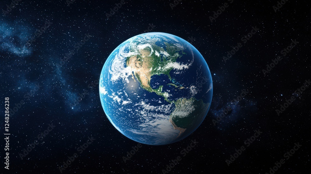 Fototapeta premium 3d render of earth from space view at night with city lights and stars in the background