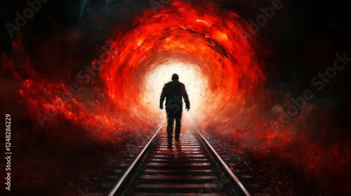 A lone figure walks along a railroad track into a fiery tunnel seeking escape or facing an unknown future with trepidation