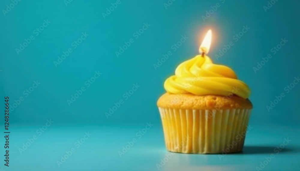 Yellow cupcake, single lit candle, blue backdrop, birthday, food, bakery Yellow cupcake, single lit candle, blue backdrop, birthday, food, bakery