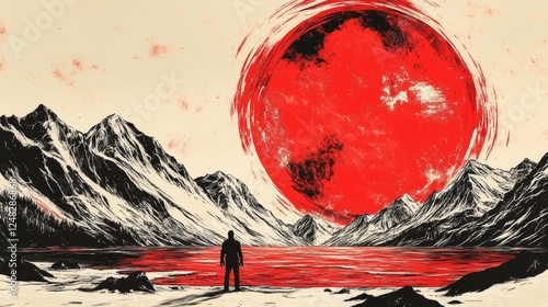 Silhouette gazes across a blood-red lake towards snow-capped mountains beneath a giant crimson moon evoking a sense of eerie solitude