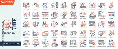 Content Idea icon collection Outline Color Style. concept idea, Content management, digital content, Counseling, Content Writing, Content Filtering , programming language