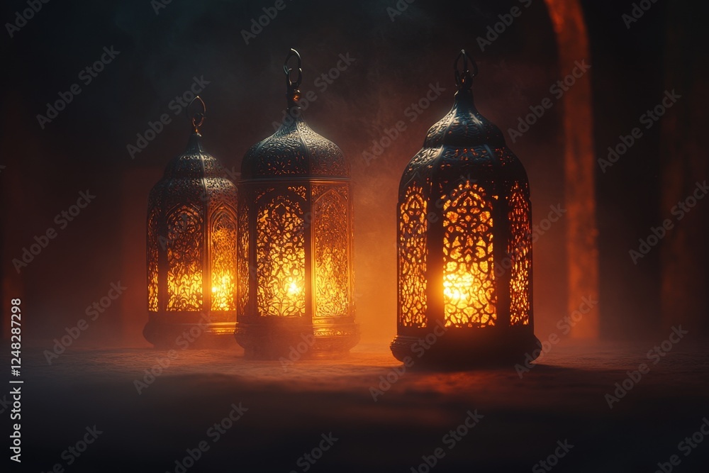 Ornate lanterns glow in a smoky, dark cave-like space Ornate lanterns glow in a smoky, dark cave-like space