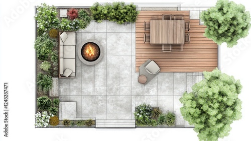 Overhead view showcases sophisticated backyard design with outdoor elements