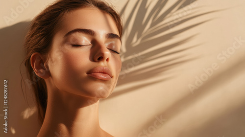 serene spa model with hydrated skin, basking in soft light and shadow. gentle palm leaf shadow adds touch of nature, enhancing tranquil atmosphere