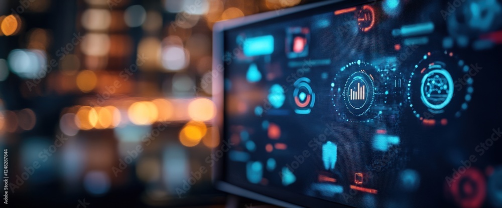 Night city backdrop, screen displaying data analytics Night city backdrop, screen displaying data analytics