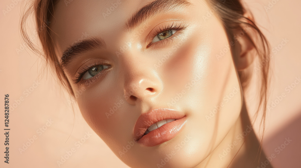Fototapeta premium Radiant beauty portrait of woman with natural makeup and glowing skin, showcasing soft features and captivating eyes. warm tones create inviting atmosphere