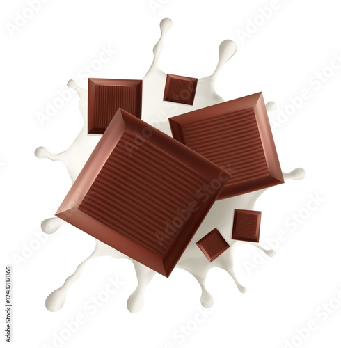 Top view chocolate bar with milk splashes on a white background Realistic Mesh gradient wes