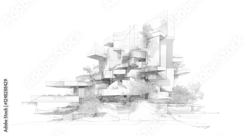 Conceptual architectural sketch showing a complex modern building design