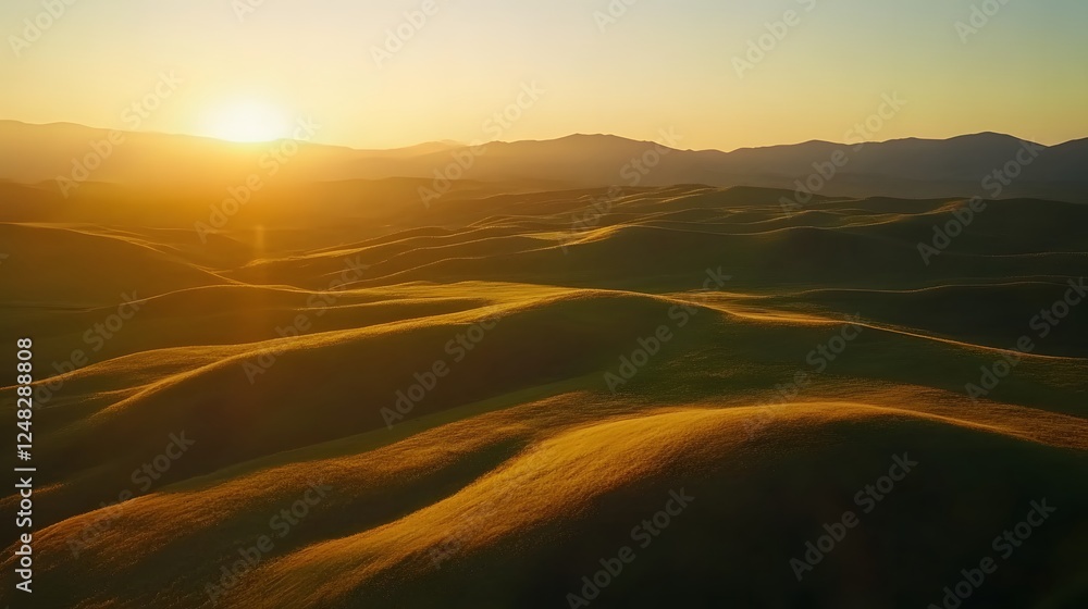 Obraz premium Golden sunrise over rolling hills, soft gradients of light on natural terrain, serene landscape for relaxation and inspiration.